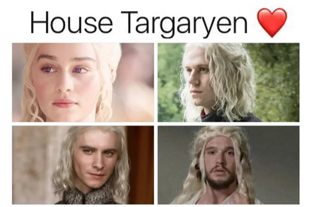 Meme με τέσσερις χαρακτήρες από το Game of Thrones με ξανθές περούκες και τον τίτλο House Targaryen.