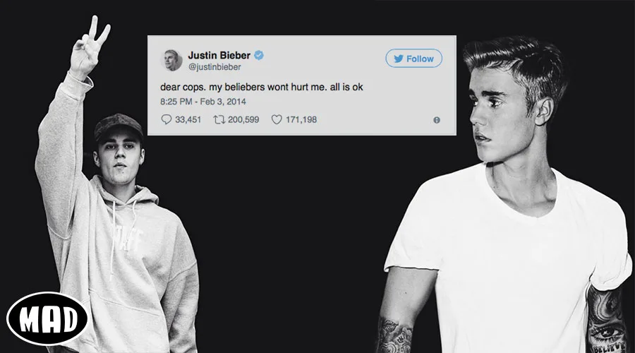 Ο Justin Bieber σε κολάζ με ένα tweet του από το 2014.