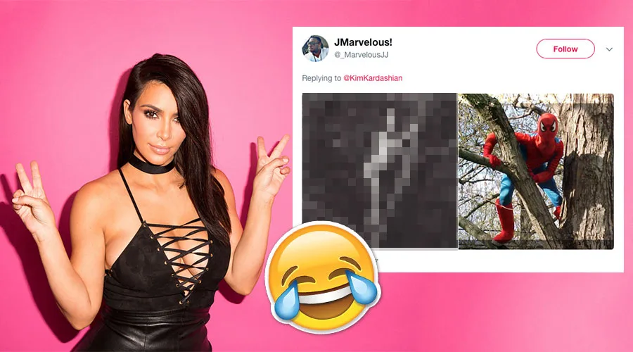 Η Kim Kardashian σε ροζ φόντο δίπλα σε ένα αστείο tweet με τον Spiderman.