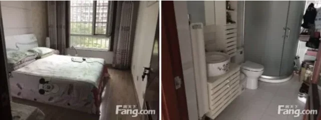 Δύο φωτογραφίες από ένα μικρό διαμέρισμα με υπνοδωμάτιο και μπάνιο.