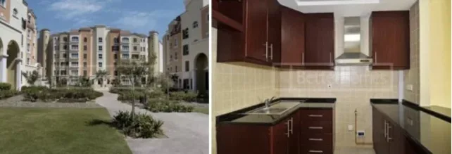 Εξωτερική όψη συγκροτήματος κατοικιών και εσωτερικό κουζίνας.