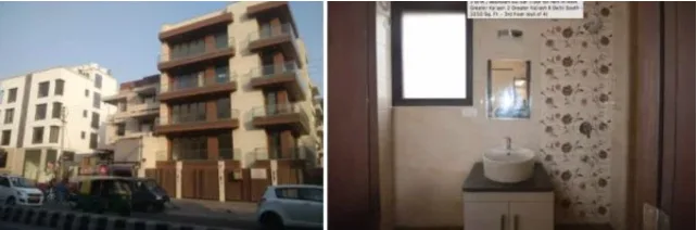 Κολάζ με εξωτερική όψη πολυκατοικίας και εσωτερικό μπάνιου με νιπτήρα.