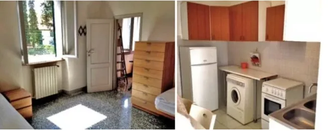 Κολάζ δύο φωτογραφιών από το εσωτερικό ενός παλιού διαμερίσματος με υπνοδωμάτιο και κουζίνα.