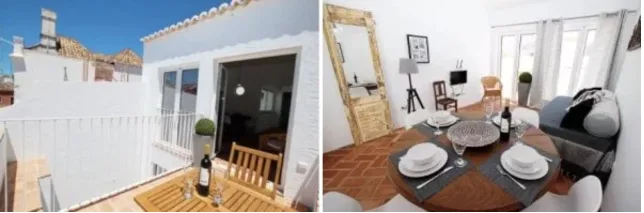 Κολάζ δύο φωτογραφιών από ένα φωτεινό διαμέρισμα με βεράντα και τραπεζαρία.