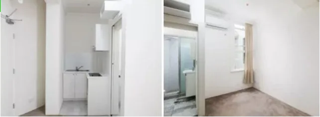 Δύο φωτογραφίες από το εσωτερικό ενός μικρού, λευκού διαμερίσματος στούντιο.