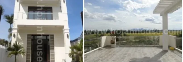 Εξωτερική όψη διώροφου λευκού σπιτιού και θέα από τη βεράντα του.