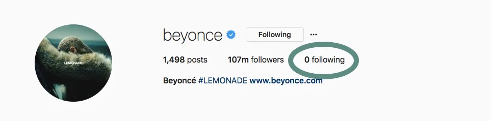 Στιγμιότυπο οθόνης από το προφίλ της Beyoncé στο Instagram, όπου φαίνεται ότι ακολουθεί 0 άτομα.