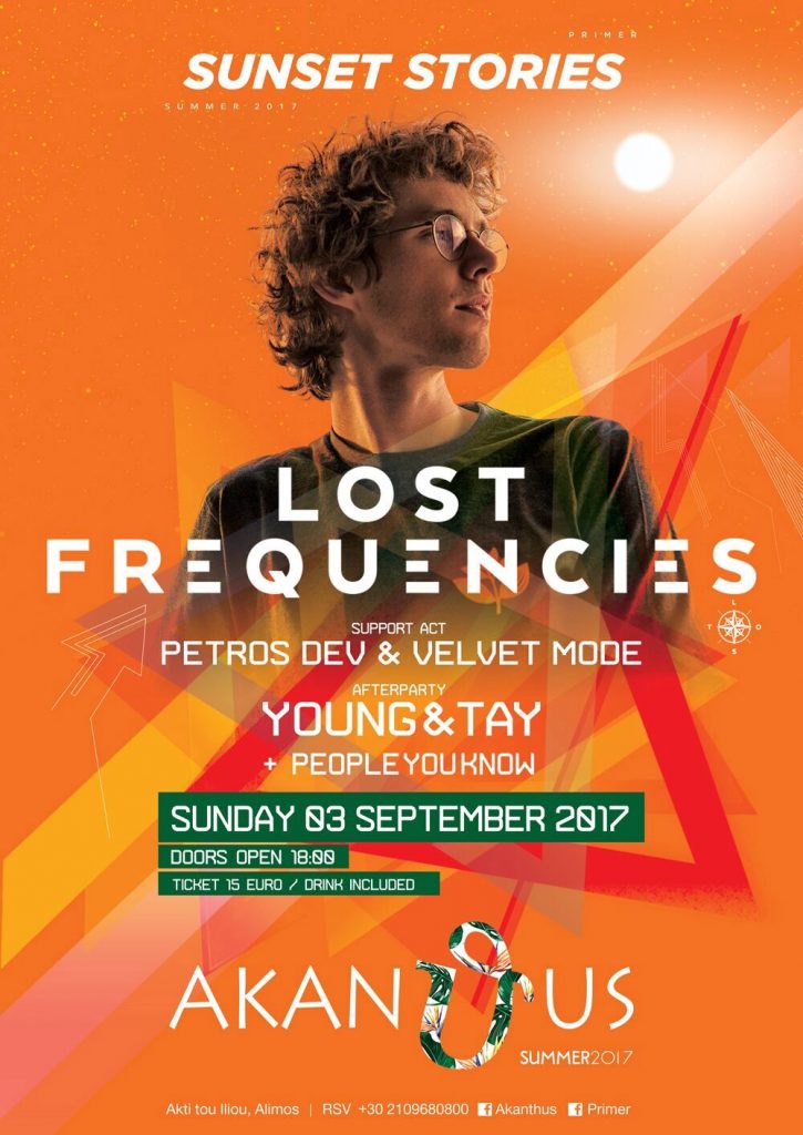 Αφίσα του Sunset Stories με τον Lost Frequencies στο Akanthus.
