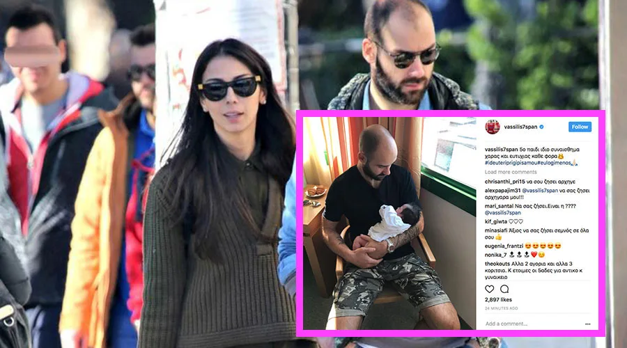 Ο Βασίλης Σπανούλης και η Ολυμπία Χοψονίδου σε κολάζ φωτογραφιών με το νεογέννητο παιδί τους.