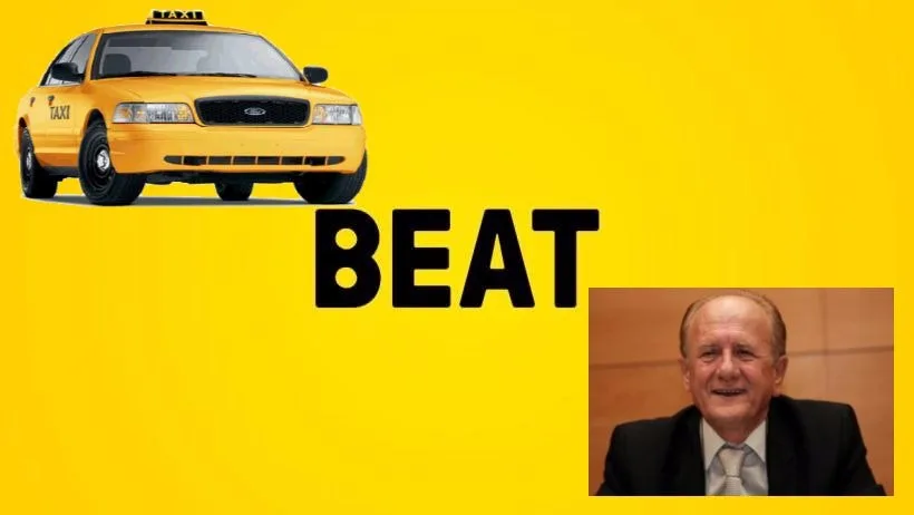 Κολάζ με κίτρινο ταξί, τη λέξη BEAT και έναν άνδρα με κοστούμι σε κίτρινο φόντο.