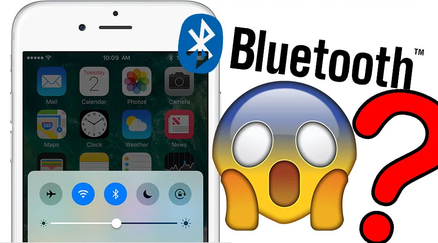 iPhone με ανοιχτό το Bluetooth, emoji που εκπλήσσεται και ένα μεγάλο κόκκινο ερωτηματικό.