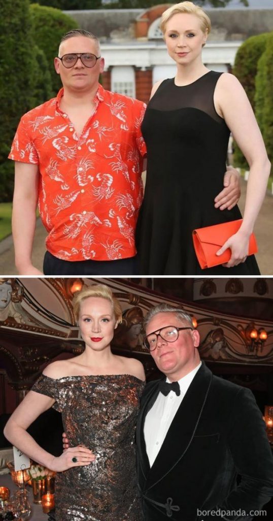 Η Gwendoline Christie με τον σύντροφό της Giles Deacon σε δύο διαφορετικές εμφανίσεις.