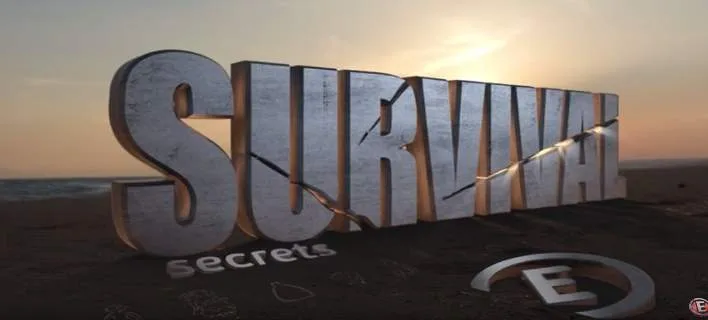 Λογότυπο της εκπομπής Survival Secrets σε παραλία κατά το ηλιοβασίλεμα.