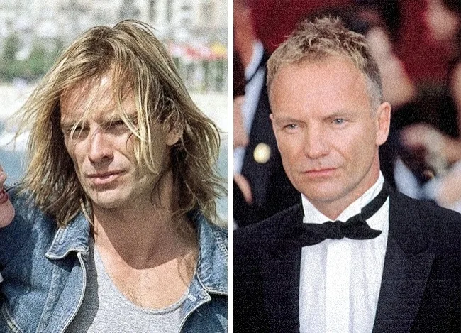Κολάζ με δύο φωτογραφίες του Sting σε διαφορετικές ηλικίες.