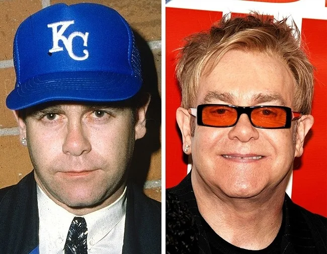 Κολάζ με δύο φωτογραφίες του Elton John από διαφορετικές περιόδους της ζωής του.