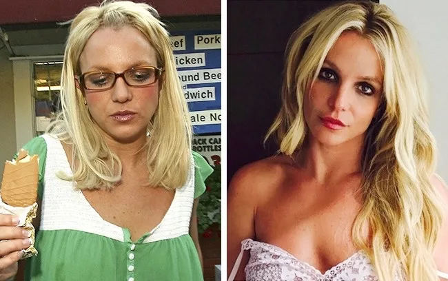 Κολάζ με δύο φωτογραφίες της Britney Spears που δείχνουν την αλλαγή στην εμφάνισή της.