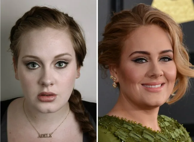Κολάζ με δύο φωτογραφίες της Adele από διαφορετικές περιόδους της καριέρας της.