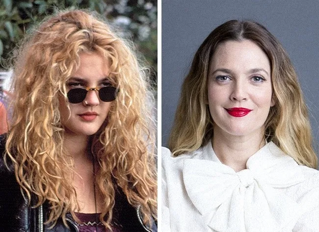 Κολάζ με δύο φωτογραφίες της Drew Barrymore από διαφορετικές περιόδους.