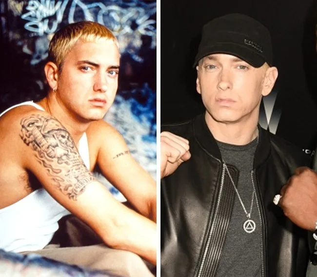 Κολάζ με δύο φωτογραφίες του Eminem από διαφορετικές περιόδους της ζωής του.