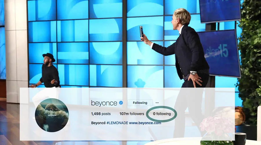 Η Ellen DeGeneres σε τηλεοπτικό πλατό με φόντο το προφίλ της Beyoncé στο Instagram.