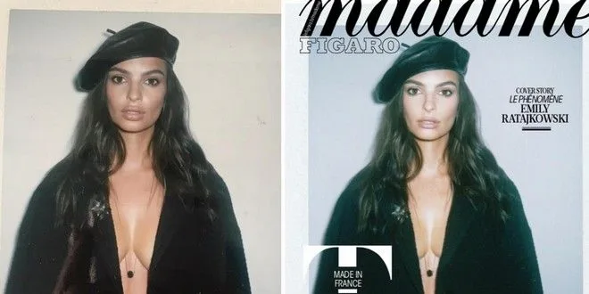 Η Emily Ratajkowski σε σύγκριση της αυθεντικής φωτογραφίας με το εξώφυλλο του περιοδικού Madame Figaro.