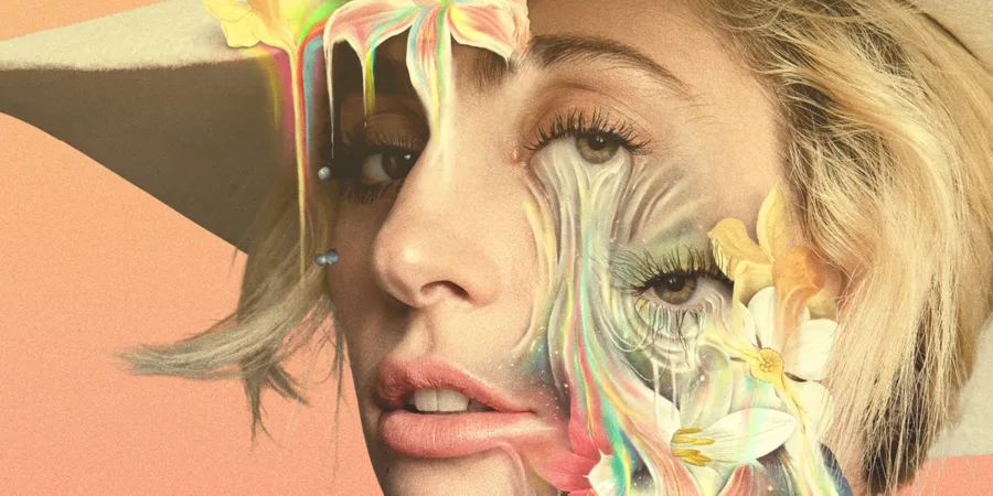 Καλλιτεχνικό πορτρέτο της Lady Gaga με σουρεαλιστικά στοιχεία και λουλούδια.