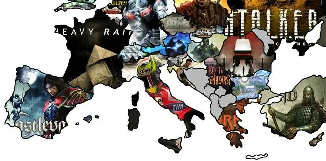 Χάρτης της Ευρώπης με εξώφυλλα γνωστών βιντεοπαιχνιδιών σε κάθε χώρα.