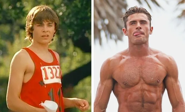 Κολάζ με τον Zac Efron σε νεαρή ηλικία και αργότερα με πολύ γυμνασμένο σώμα.