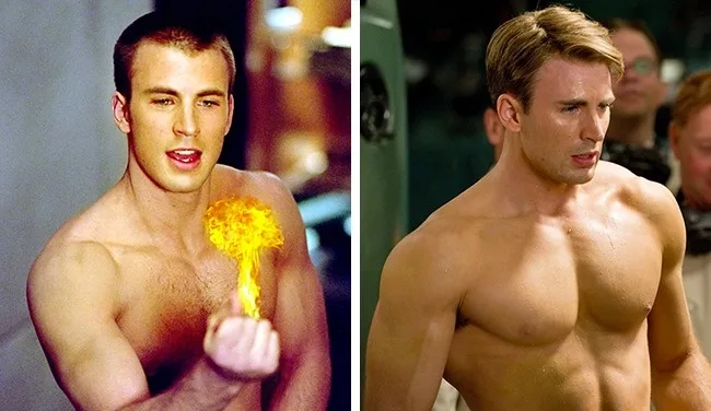 Κολάζ με τον Chris Evans σε δύο διαφορετικές σωματικές διαπλάσεις για κινηματογραφικούς ρόλους.