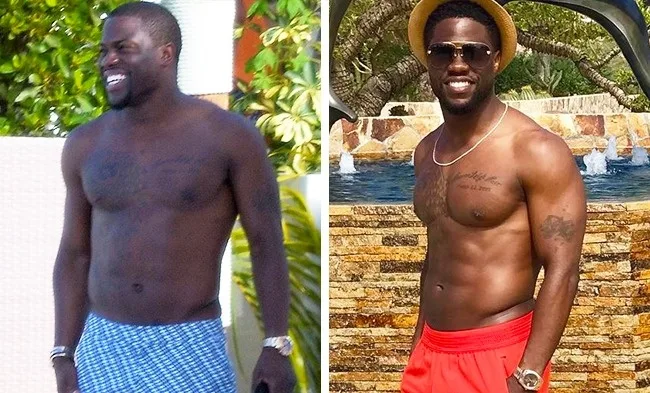 Κολάζ με τον Kevin Hart πριν και μετά τη σωματική του αλλαγή.