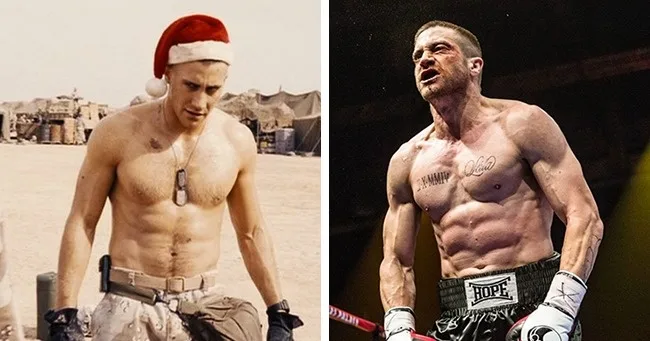 Κολάζ με δύο φωτογραφίες του Jake Gyllenhaal που δείχνουν τη σωματική του διάπλαση για διαφορετικούς ρόλους.