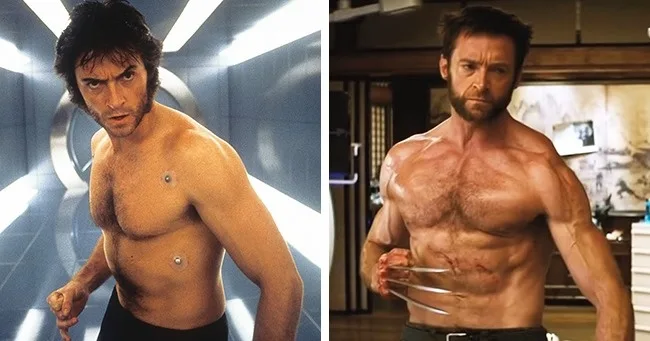 Κολάζ με τον Hugh Jackman σε δύο διαφορετικές σωματικές καταστάσεις για τον ρόλο του Wolverine.