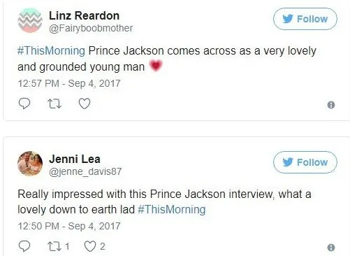 Στιγμιότυπα από το Twitter με θετικά σχόλια για τον Prince Jackson.