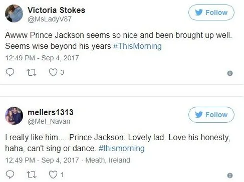 Στιγμιότυπα από το Twitter με θετικά σχόλια για τον Prince Jackson.
