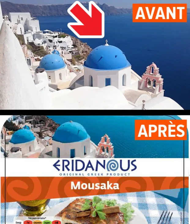 Σύγκριση φωτογραφίας εκκλησίας στη Σαντορίνη με τη συσκευασία προϊόντος Eridanous της Lidl.