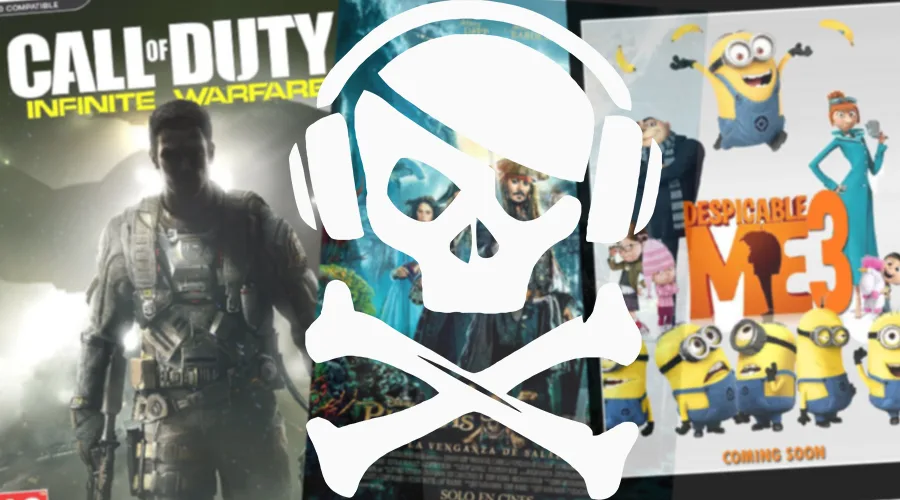 Κολάζ με εξώφυλλα Call of Duty, Pirates of the Caribbean και Despicable Me 3 με ένα λευκό σύμβολο πειρατείας.