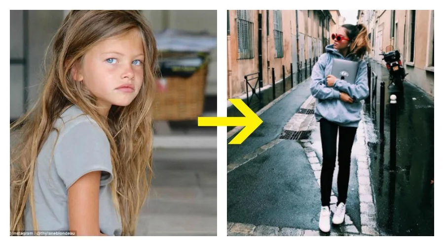 Κολάζ με την Thylane Blondeau σε παιδική ηλικία και ως έφηβη σε δρόμο.