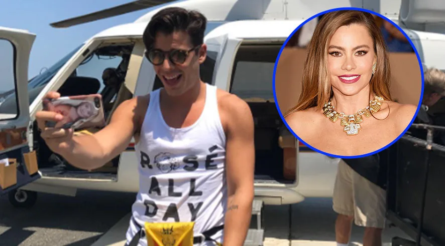 Ο γιος της Sofia Vergara βγάζει selfie μπροστά από ελικόπτερο, με ένθετη φωτογραφία της ηθοποιού.