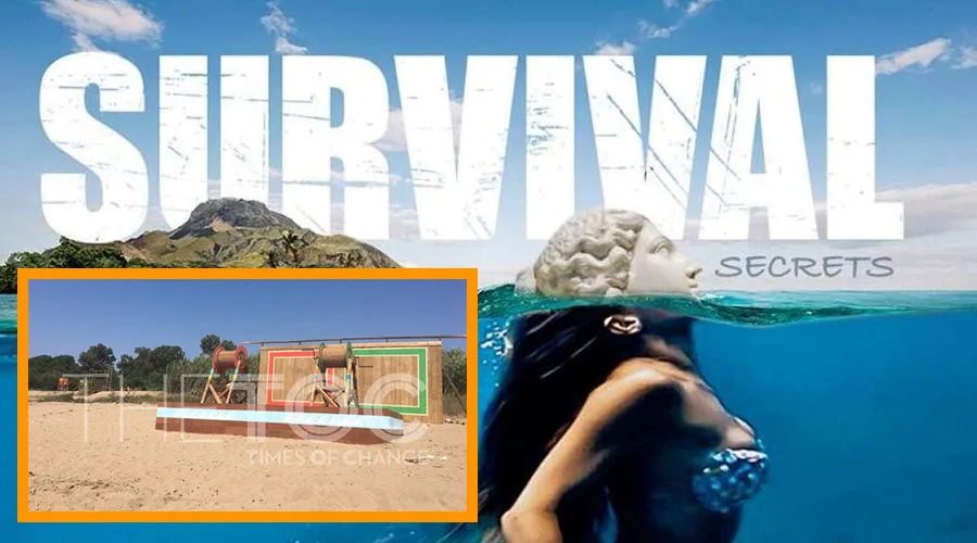 Αφίσα του Survival Secrets και φωτογραφία από τον στίβο μάχης στην παραλία.