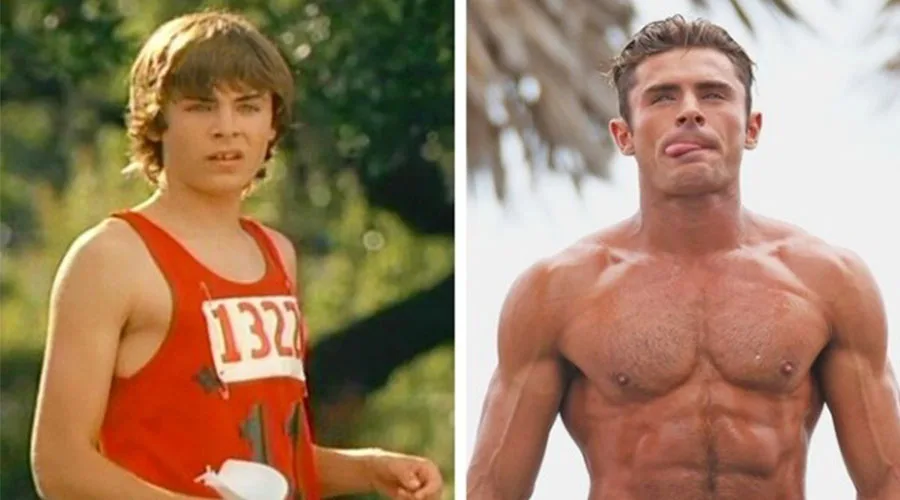 Κολάζ με τον Zac Efron σε νεαρή ηλικία και με γυμνασμένο σώμα αργότερα.
