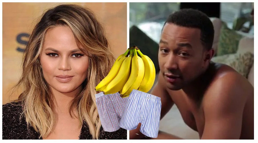 Κολάζ με την Chrissy Teigen, τον John Legend, μπανάνες και ανδρικά εσώρουχα.