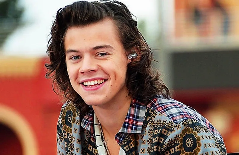 Ο Harry Styles χαμογελάει φορώντας εμπριμέ πουκάμισο.