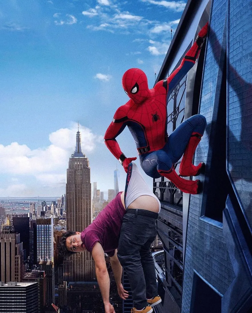 Ο Average Bob σε επεξεργασμένη φωτογραφία με τον Spider-Man στην κορυφή ενός ουρανοξύστη.