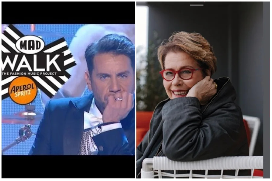Ο Γιώργος Λιανός σε εμφάνιση στο Mad Walk, και η Ελένη Ράντου σε άλλη φωτογραφία.