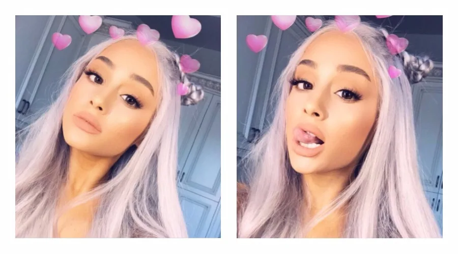 Η Ariana Grande με ασημί μαλλιά και φίλτρο με καρδιές.