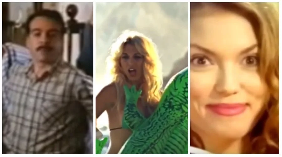 Κολάζ με τρία στιγμιότυπα από παλιές ελληνικές τηλεοπτικές διαφημίσεις.