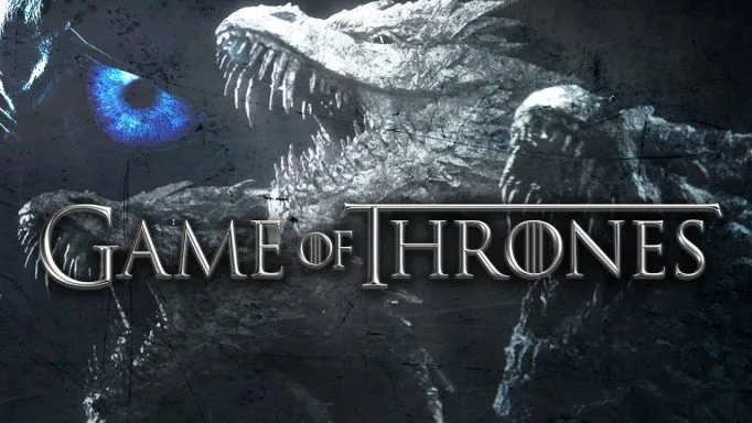 Το λογότυπο της σειράς Game of Thrones με φόντο έναν δράκο και ένα μπλε μάτι.