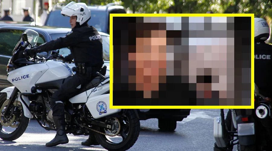 Αστυνομικός σε μοτοσυκλέτα και ένθετη φωτογραφία με θολωμένο πρόσωπο.