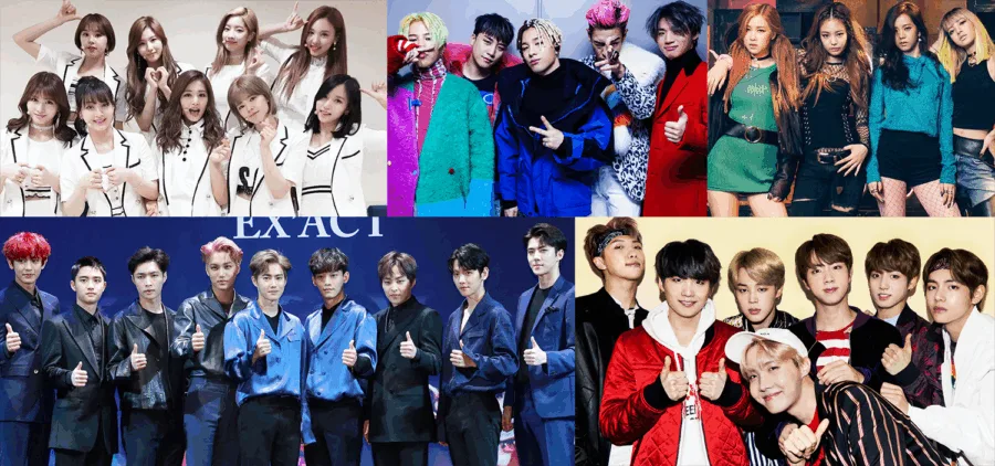 Κολάζ με δημοφιλή KPop συγκροτήματα σε διάφορες πόζες.