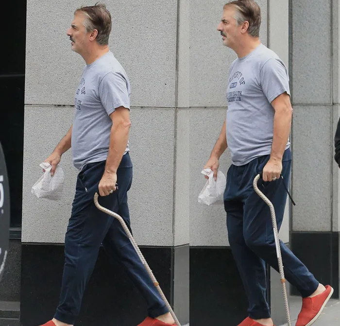 Ο Chris Noth (Mr. Big) περπατάει στο δρόμο με μπαστούνι και γκρίζα μαλλιά.